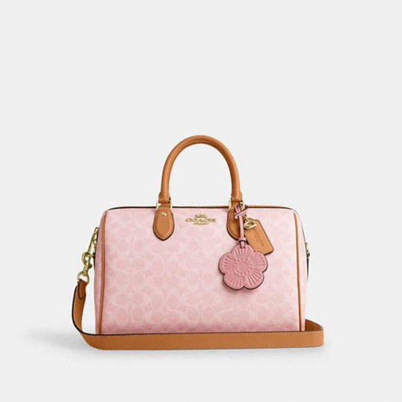 NEW Coach Large Rowan Satchel Bag In Pink Signature Canvas With Charms NWT - Picture 9 of 10